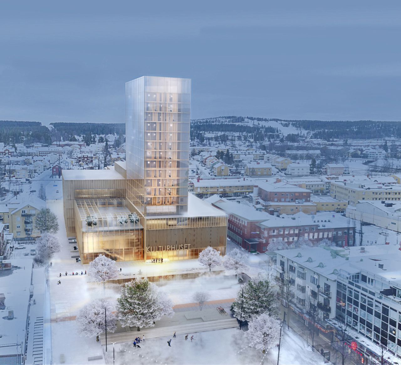 The "Sida Vid Sida" ("side by side") wooden building is a proposed project by Swedish architects White Arkitekter.