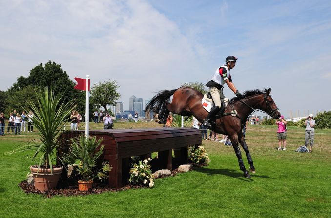 Hua Tian, riding Furst Love, jumps the 12th fence during a London Olympics test event in Greenwich Park in 2012.