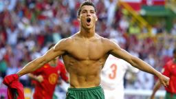 LISBON, Portugal: Portuguese forward Cristiano Ronaldo celebrates after scoring the opening goal, 30 June 2004 at the Alvalade stadium in Lisbon, during the Euro2004 semi-final football match between Portugal and The Netherlands at the European Nations championship in Portugal. AFP PHOTO Francois GUILLOT (Photo credit should read FRANCOIS GUILLOT/AFP/Getty Images)