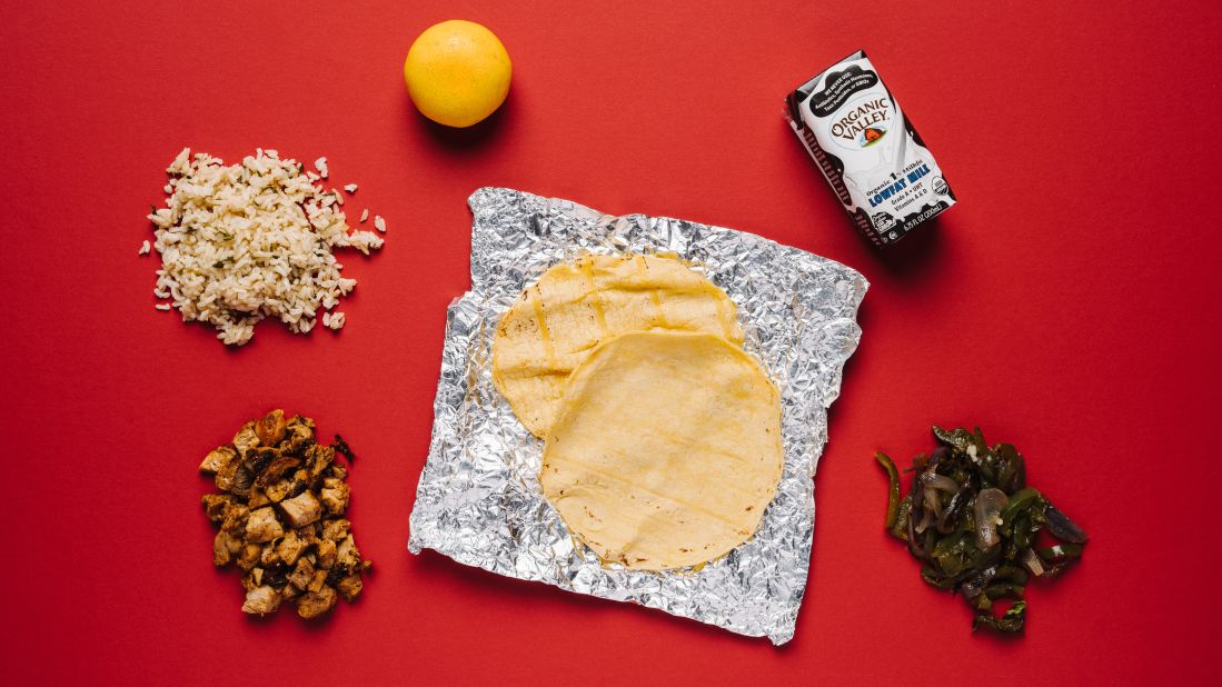Chipotle has a healthy option that's easy to eat while driving, on the kids' menu: tacos with chicken, brown rice and fajita vegetables, a Mandarin orange and organic milk.