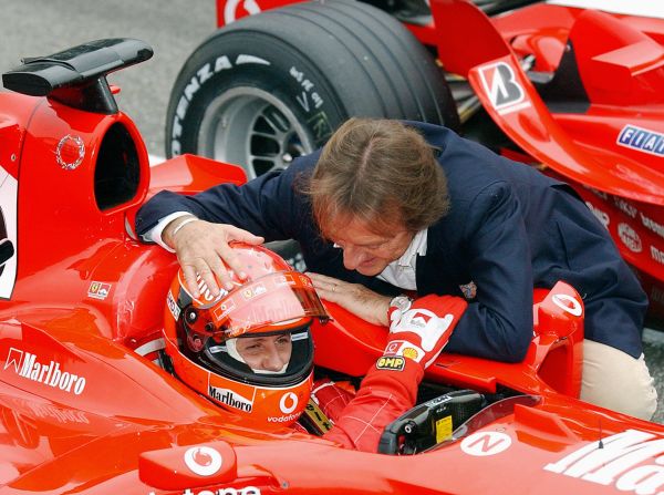 Di Montezemolo shares a joke with Michael Schumacher at Monza in 2004. Schumacher is the most important driver in the Italian racing team's illustrious history, says Montezemolo.