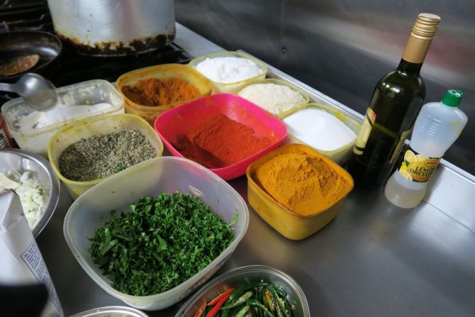 Spices in the kitchen of Bengal Cuisine on Brick Lane, famous for its curry houses