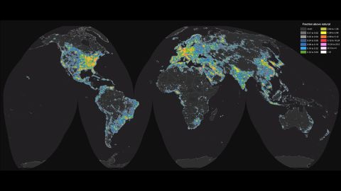 Scientists created a world atlas that shows the prevalence of artificial sky brightness. The colors denote the levels of light pollution around the globe.