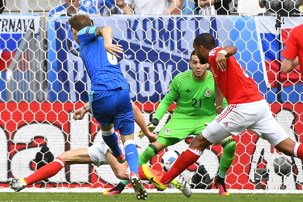 Slovakia's midfielder Ondrej Duda shoots and scores his team's first, and only, goal. Earlier this month, Slovakia defeated world champion Germany 3-1 while it also overcame Spain during the qualifying campaign.