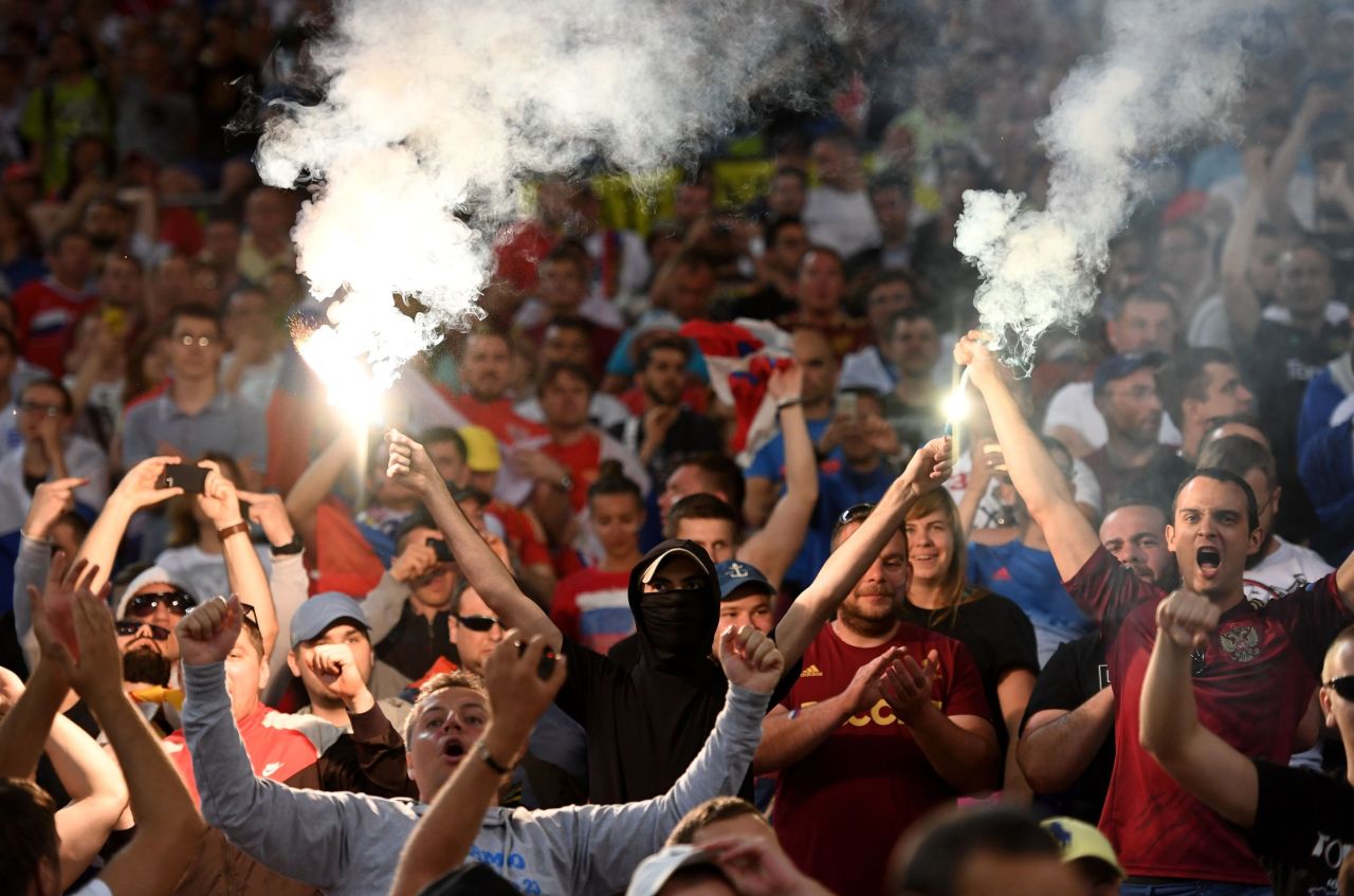 Russian supporters light fireworks after a  Euro 2016 match between England and Russia ended in a 1-1 tie, at Stade Velodrome on Saturday, June 11, in Marseille, France. 