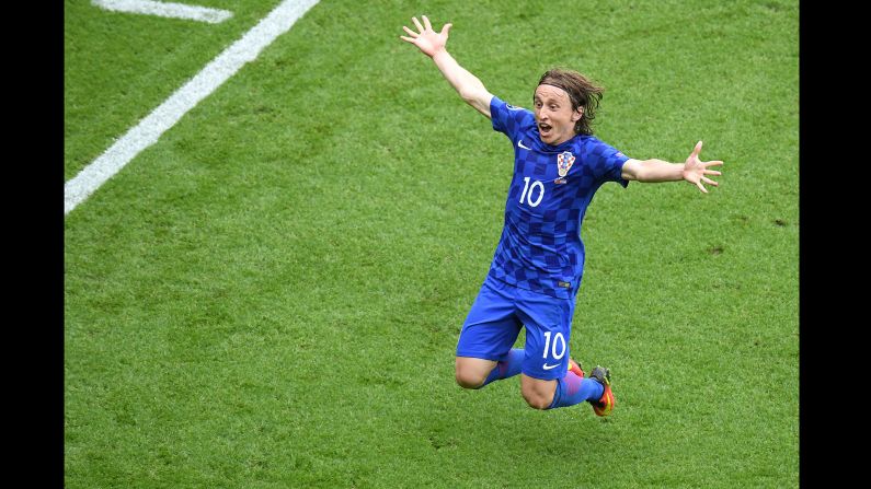Croatia's Luka Modric celebrates after he scored a spectacular volley against Turkey in Paris. The first-half goal held up as Croatia triumphed 1-0.