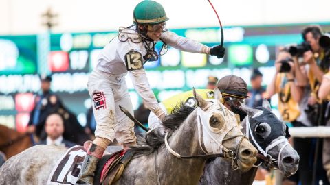 Irad Ortiz Jr. celebrates riding Creator to victory in the Belmont Stakes in a photo finish with Destin. 
