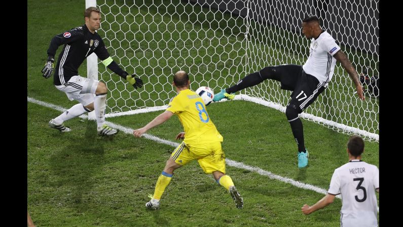 Boateng clears the ball off the line, saving what looked to be a sure Ukraine goal in the first half.