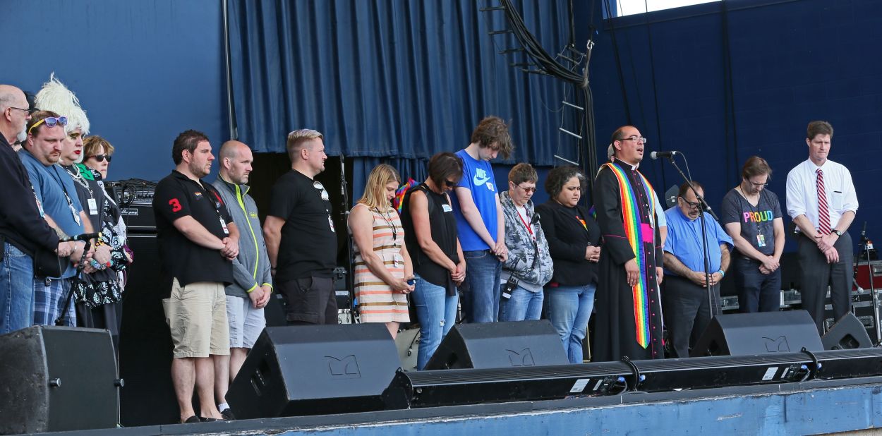 The Rev. Jeffrey Montoya leads a prayer in Greenfield, Wisconsin, on June 12.