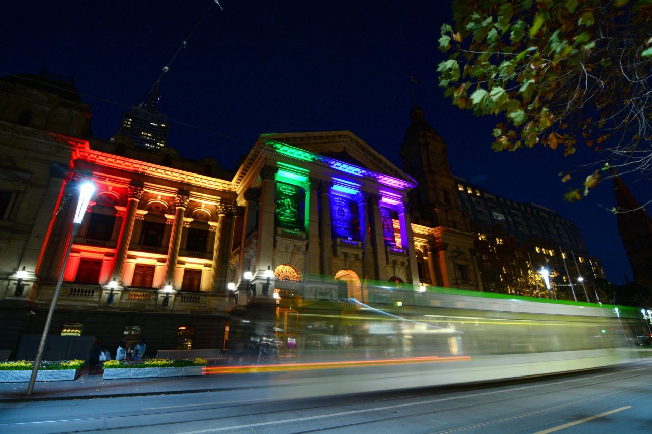 The city of Melbourne posted this image on its Twitter account June 13 "as a mark of respect for those touched by the attack in Orlando. Town Hall is lit in the rainbow #LoveIsLove."