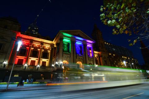 The city of Melbourne posted this image on its Twitter account June 13 "as a mark of respect for those touched by the attack in Orlando. Town Hall is lit in the rainbow #LoveIsLove."