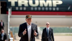 Republican candidate for President Donald Trump arrives in his plane to speak to supporters at a rally at Atlantic Aviation on June 11, 2016 in Moon Township, Pennsylvania.