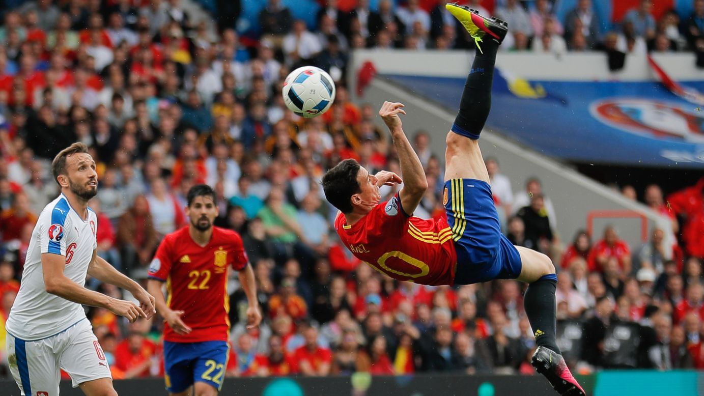 Spanish striker Aritz Aduriz attempts an overhead kick.