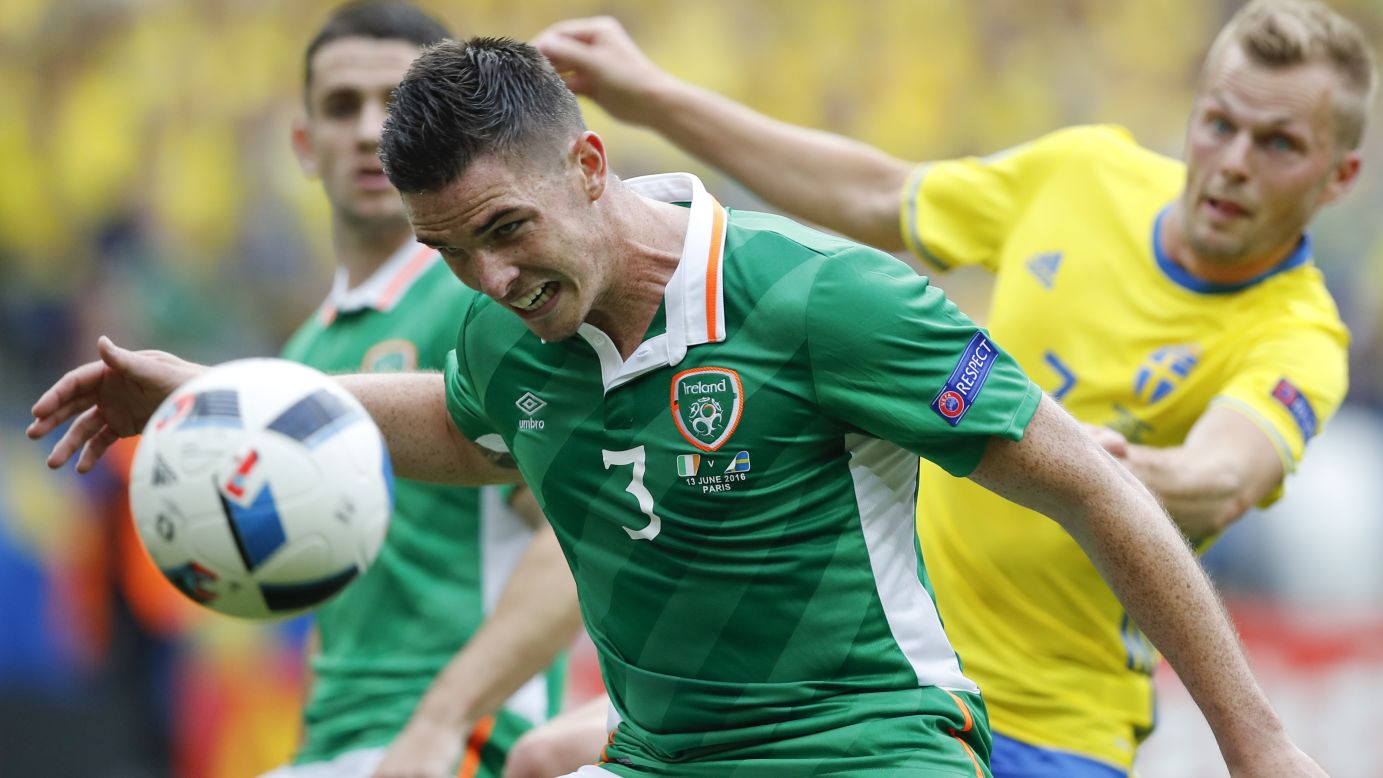 Ireland's Ciaran Clark accidentally heads the ball into his own net during a 1-1 draw with Sweden.