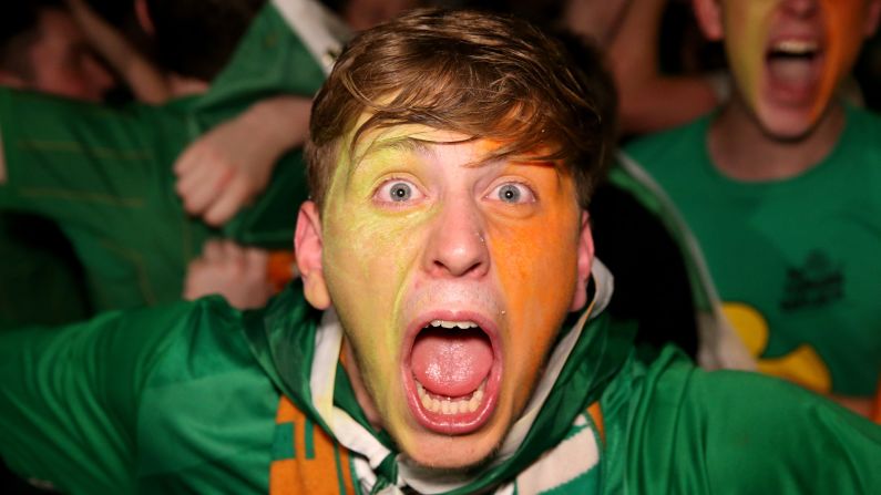 A fan enjoys the Hoolahan goal in Dublin, Ireland.