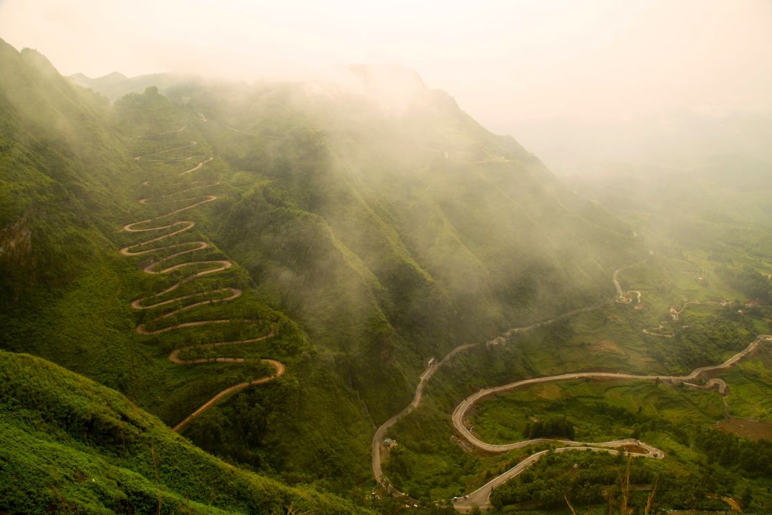 A new road with fewer switchbacks, seen here in the mountain mist, opened in 1954.