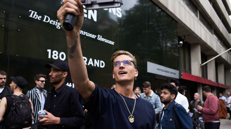 Reality TV star and <a href="index.php?page=&url=http%3A%2F%2Fsergedenimes.com%2F" target="_blank" target="_blank">Serge DeNimes</a> founder Oliver Proudlock takes a selfie after Nasir Mazhar's Spring-Summer 2017 show, which contained prints, primary colors and neo-military ensembles.