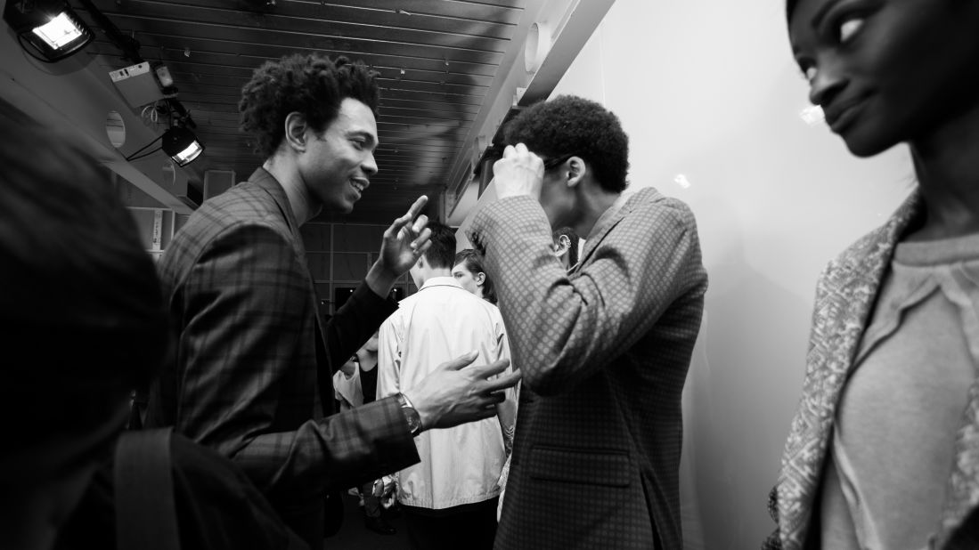 Charlie Casely-Hayford talks to models behind the scenes. Working alongside his father Joe, the pair have built up an international following including James Blake, Mos Def and Drake. This season they launched their womenswear collection.