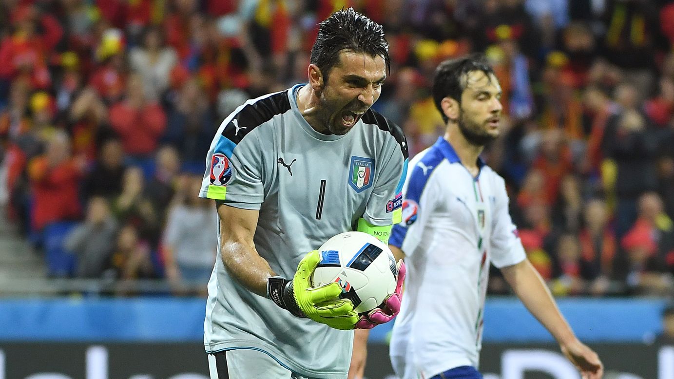 Italian goalkeeper Gianluigi Buffon reacts during his team's 2-0 victory over Belgium on Monday, June 13. Emanuele Giaccherini and Graziano Pelle scored the goals.