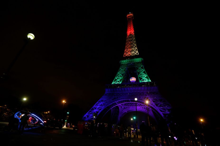 The Eiffel Tower in Paris is illuminated in rainbow colors on June 13.