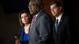 L to R, House Minority Leader Nancy Pelosi (D-CA), Rep. James Clyburn (D-SC) and Rep. Xavier Becerra (D-CA) take questions during a news conference to discuss the rhetoric of presidential candidate Donald Trump, at the U.S. Capitol, May 11, 2016, in Washington, DC.