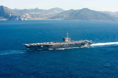 The aircraft carrier USS Dwight D. Eisenhower (CVN 69) (Ike) transits through the Strait of Gibraltar into the Mediterranean Sea on June 13, 2016. Ike, the flagship of the Eisenhower Carrier Strike Group, is conducting naval operations in the U.S. 6th Fleet area of operations. It could be used to support operations against ISIS in the Mideast.