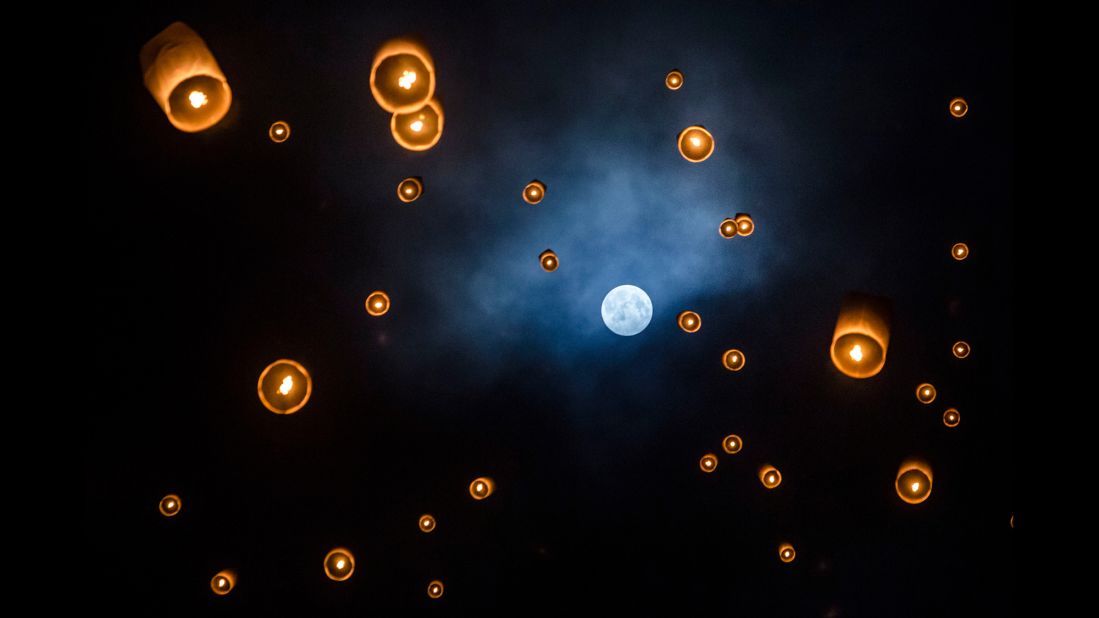Lanterns are released into the air at Borobudur temple during the Buddhist festival of Vesak in Magelang, Indonesia. The day marks the birth, enlightenment and death of Gautama Buddha, founder of Buddhism. 