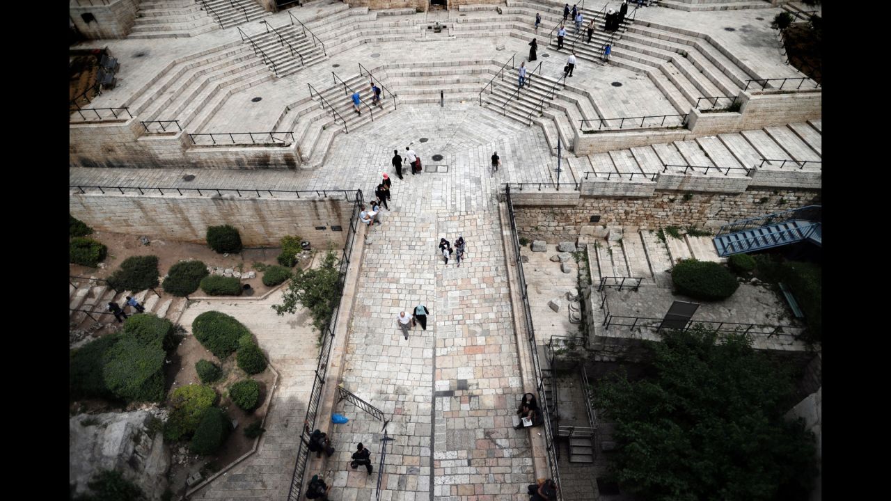 A view from the top of Damascus Gate, one of the main entrances to Jerusalem's Old City. The present gate was built in 1537 under the rule of Suleiman the Magnificent.
