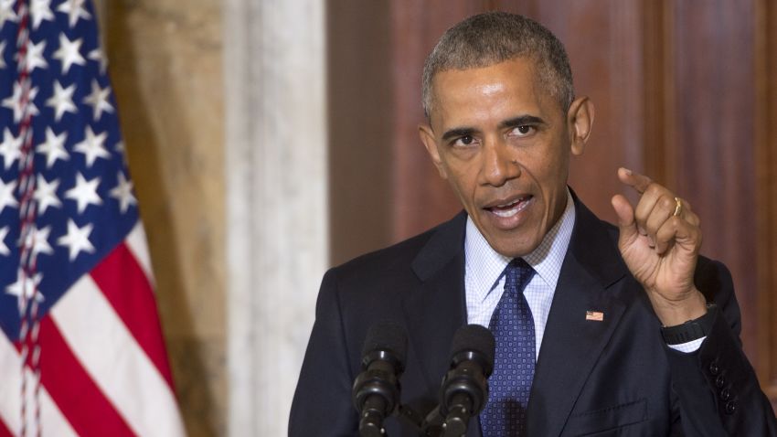 US President Barack Obama speaks following a National Security Council meeting on the Islamic State at the Department of Treasury in Washington, DC, June 14, 2016.
US President Barack Obama on June 14 said the Islamic State group was losing ground in Iraq and Syria, and that the number of foreign fighters joining the extremists was plummeting. "ISIL lost nearly half of the populated territory it had in Iraq and it will lose more. ISIL continues to lose ground in Syria as well," Obama said after a meeting of the National Security Council on the fight against the jihadist group. "In short, our coalition continues to be on offense. ISIL is on defense," Obama said, using an alternate acronym for the group.
 / AFP / SAUL LOEB        (Photo credit should read SAUL LOEB/AFP/Getty Images)