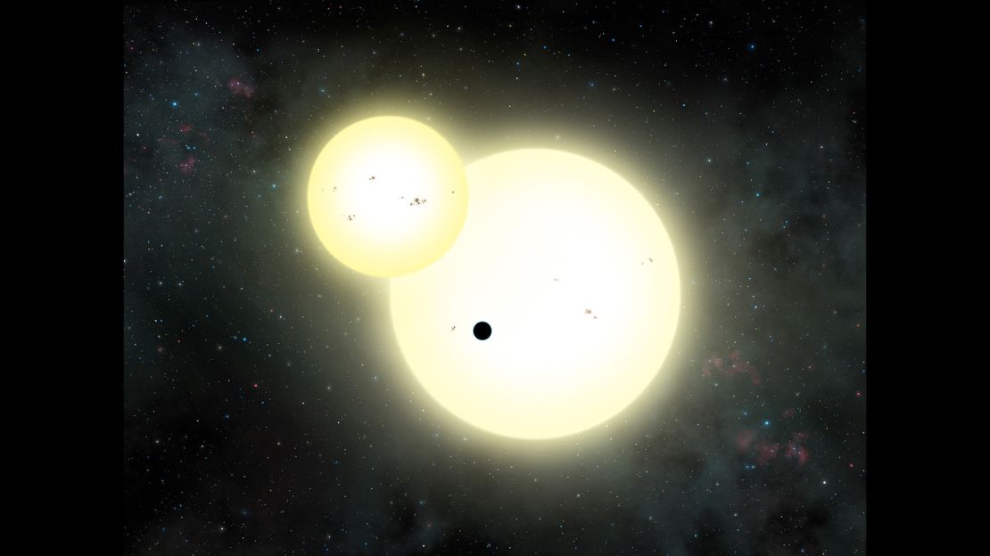 Artist's impression of the simultaneous stellar eclipse of Kepler-1647b. 
