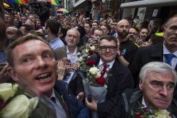 Labour leader Jeremy Corbyn, second from left at front, attends a vigil at the Admiral Duncan pub on Old Compton Street.