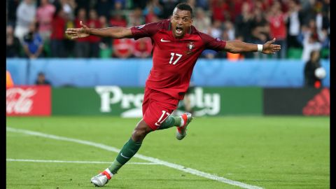 Nani celebrates the opening goal of the match, which he scored in the first half.