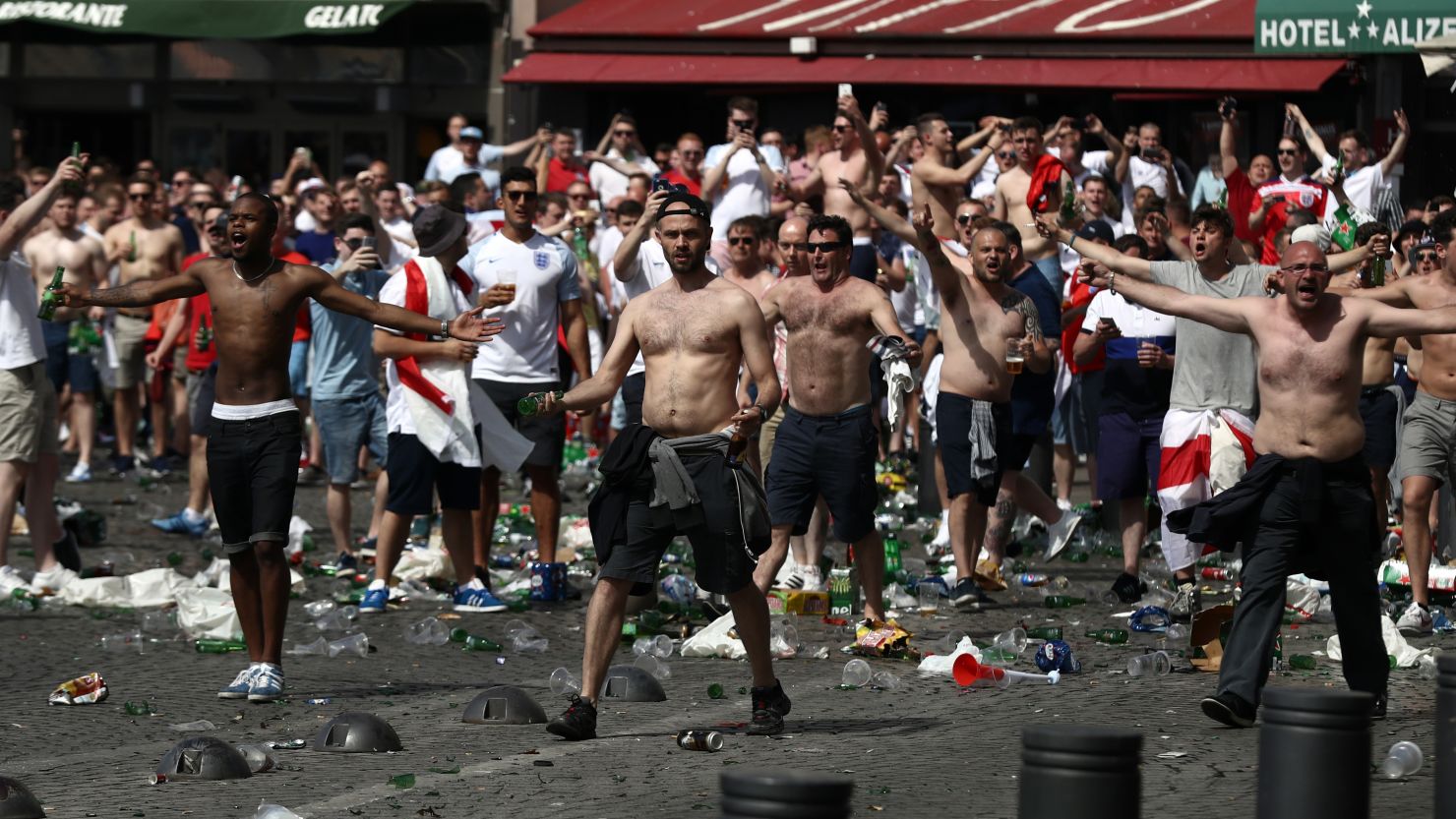 Raucous English fans throw bottles Saturday before the Euro 2016 match against Russia in Marseilles, France.