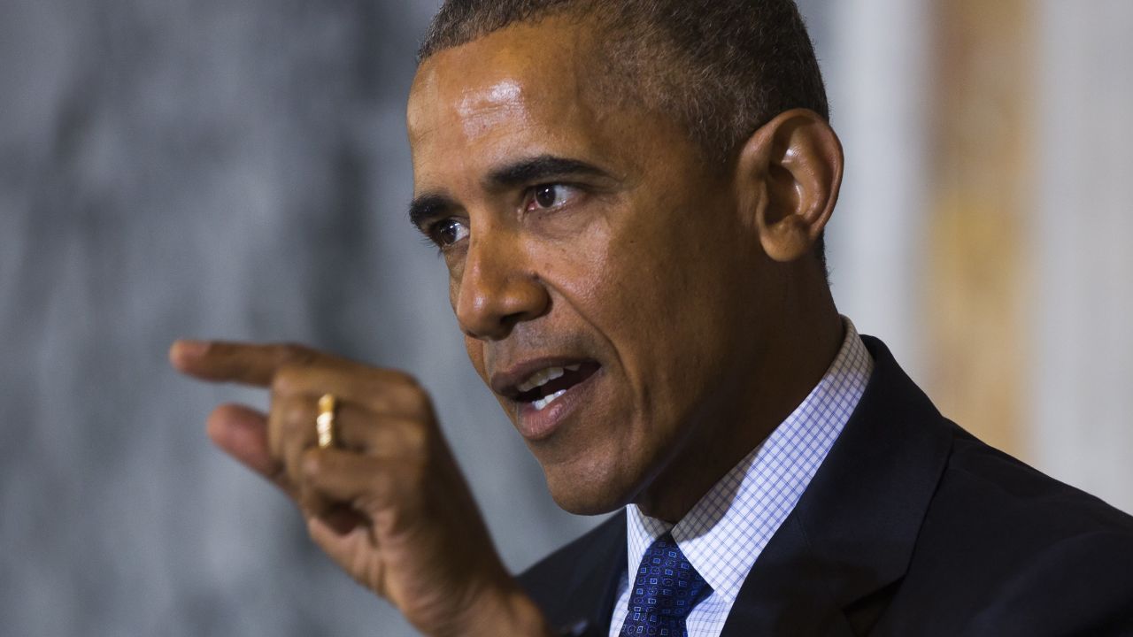 WASHINGTON, DC - JUNE 14: (AFP-OUT) US President Barack Obama speaks on the Orlando shooting at the Treasury Department after convening with his National Security Council on June 14, 2016 in Washington, DC. Obama directly attacked Donald Trump's proposal to ban Muslims from entering the United States. (Photo by Jim Lo Scalzo-Pool/Getty Images)