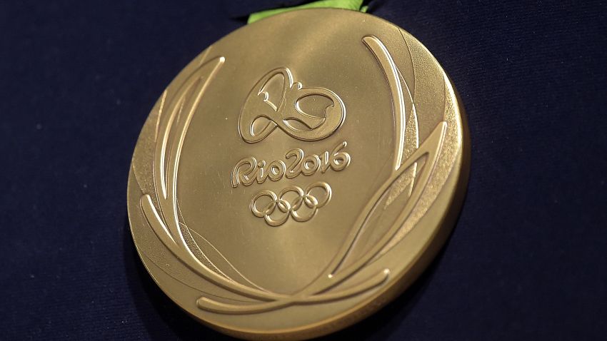 RIO DE JANEIRO, BRAZIL - JUNE 14: A close-up of the Olympic gold medal during the Launch of Medals and Victory Ceremonies for the Rio 2016 Olympic and Paralympic Games at the Future Arena in Olympic Park on June 14, 2016 in Rio de Janeiro, Brazil. (Photo by Alexandre Loureiro/Getty Images)