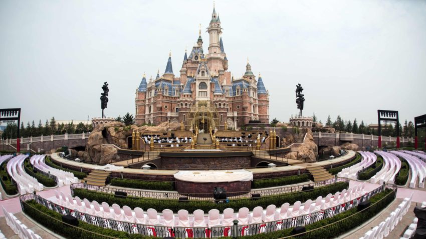 Seats are set up for the opening ceremony in front of the Enchanted Storybook Castle at Shanghai Disney Resort in Shanghai on June 15, 2016.