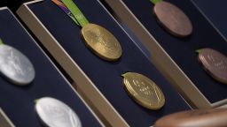 RIO DE JANEIRO, BRAZIL - JUNE 14: A close-up of the Olympic medals during the Launch of Medals and Victory Ceremonies for the Rio 2016 Olympic and Paralympic Games at the Future Arena in Olympic Park on June 14, 2016 in Rio de Janeiro, Brazil. (Photo by Alexandre Loureiro/Getty Images)