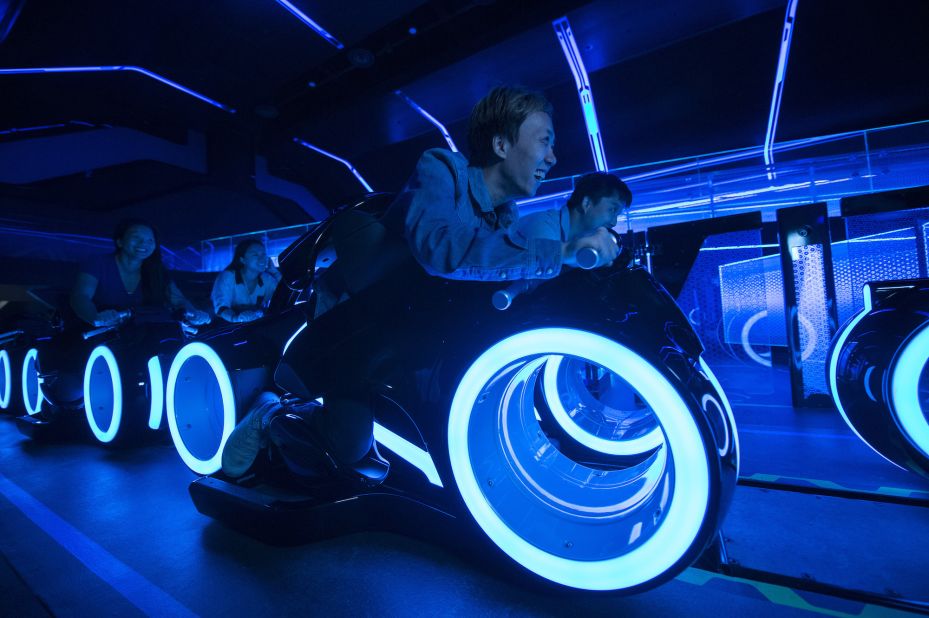 Based on the TRON films, this coaster places riders atop individual, two-wheeled "lightcycles" that are launched into a game world of lights, projection and sound effects. Disney staff say it's one of the fastest roller coaster attractions at any Disney theme park worldwide.