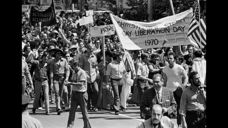 People march into New York's Central Park during the nation's first gay pride parade on June 28, 1970. The event was held on the one-year anniversary of the Stonewall riots, when members of the gay community clashed with police who had raided the <a href="index.php?page=&url=http%3A%2F%2Fwww.cnn.com%2F2016%2F05%2F09%2Ftravel%2Fstonewall-inn-nps-national-monument-gay-rights%2F" target="_blank">Stonewall Inn</a> in Manhattan. 