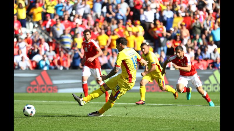 Romania's Bogdan Stancu opened the scoring with a penalty in the 18th minute. He also scored a penalty in the tournament opener against France.