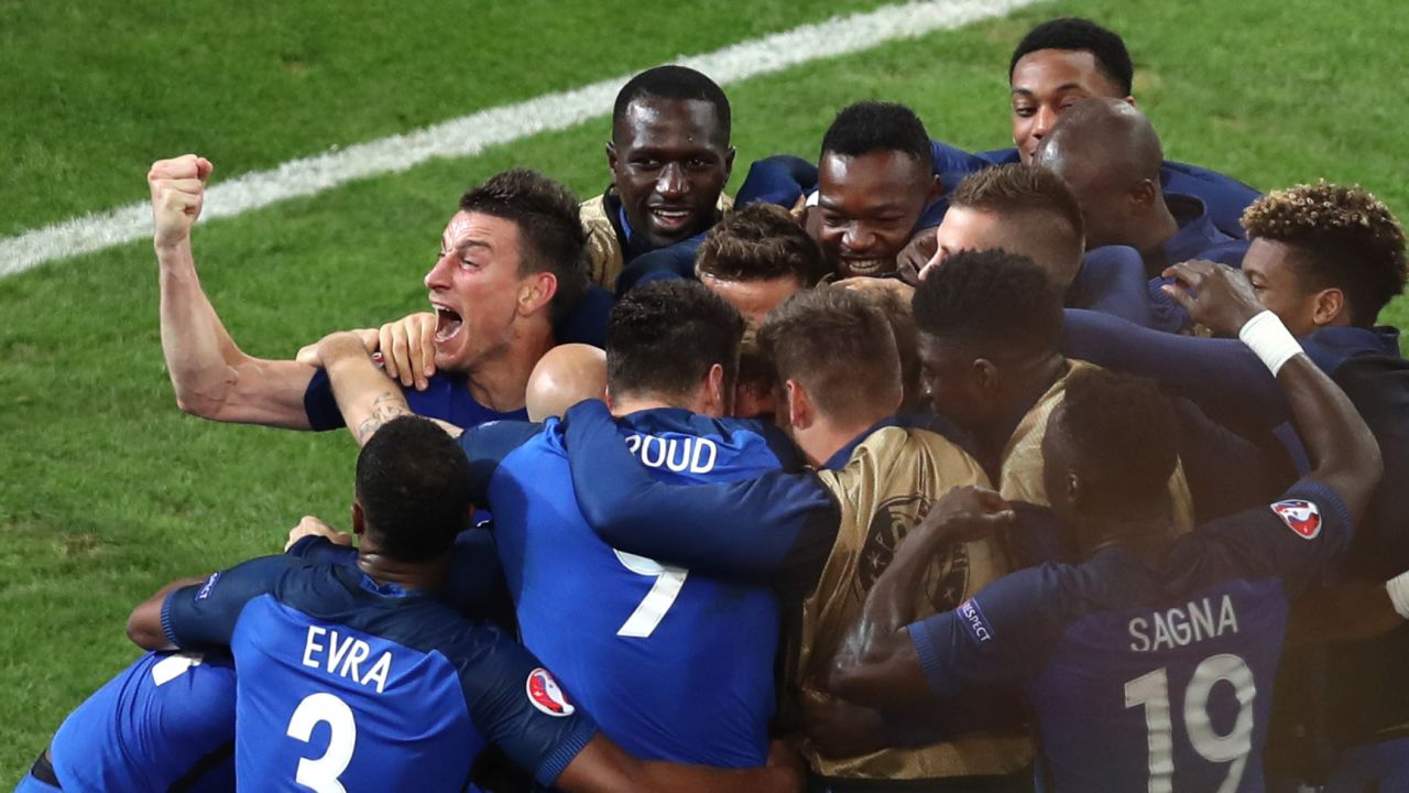 French players celebrate Antoine Griezmann's goal against Albania on Wednesday, June 15. The goal came in the 90th minute and broke a scoreless tie in Marseille, France. Dmitri Payet added another goal in stoppage time as France prevailed 2-0.