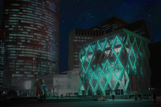 A rendering of French start-up <a href="http://www.glowee.eu/" target="_blank" target="_blank">Glowee</a>'s vision of urban lighting, which uses bioluminescence, a kind of living energy source found in nature. Its soft glowing light emits less heat and light pollution than ordinary lighting, the company says.