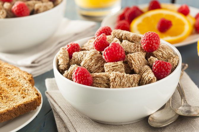 Shredded wheat is among the healthiest cereals. The small square pieces are a good source of protein and fiber.