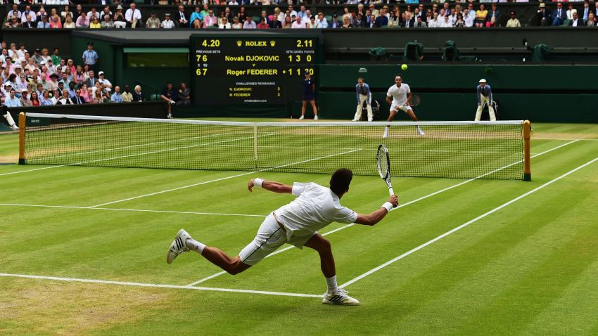 LONDON, ENGLAND - JULY 12:  Novak Djokovic of Serbia plays a forehand in the Final Of The Gentlemen's Singles against Roger Federer of Switzerland on day thirteen of the Wimbledon Lawn Tennis Championships at the All England Lawn Tennis and Croquet Club on July 12, 2015 in London, England.  (Photo by Shaun Botterill/Getty Images)