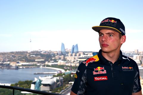 F1's hottest property, Max Verstappen poses with Baku's iconic "Flame Towers" in the background. 