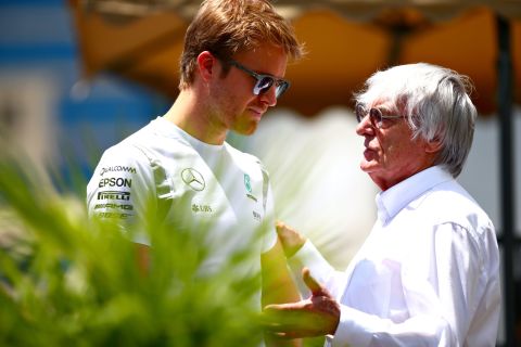 World championship leader Nico Rosberg in conversation with F1 supremo Bernie Ecclestone. The German had his lead slashed at the top of the standings to nine points after his Mercedes teammate Lewis Hamilton <a href="http://edition.cnn.com/2016/06/12/motorsport/motorsport-canada-gp-hamilton-vettel/index.html">took the checkered flag in Canada</a> last weekend.  
