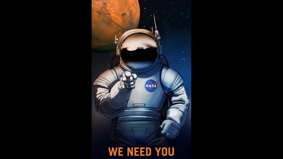 NASA originally commissioned these recruitment posters for an exhibit at the Kennedy Space Center Visitor's Complex in 2009. NASA has started using posters like this to help people imagine what a future in space may look like.