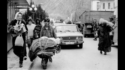 In the 1990s, the United States resettled large numbers of people from Bosnia-Herzegovina, the nation that was left most battered in Yugoslavia's civil war. This photo shows Bosnian Muslims evacuating a town bordering Serbia in the midst of heaving fighting in 1992.
