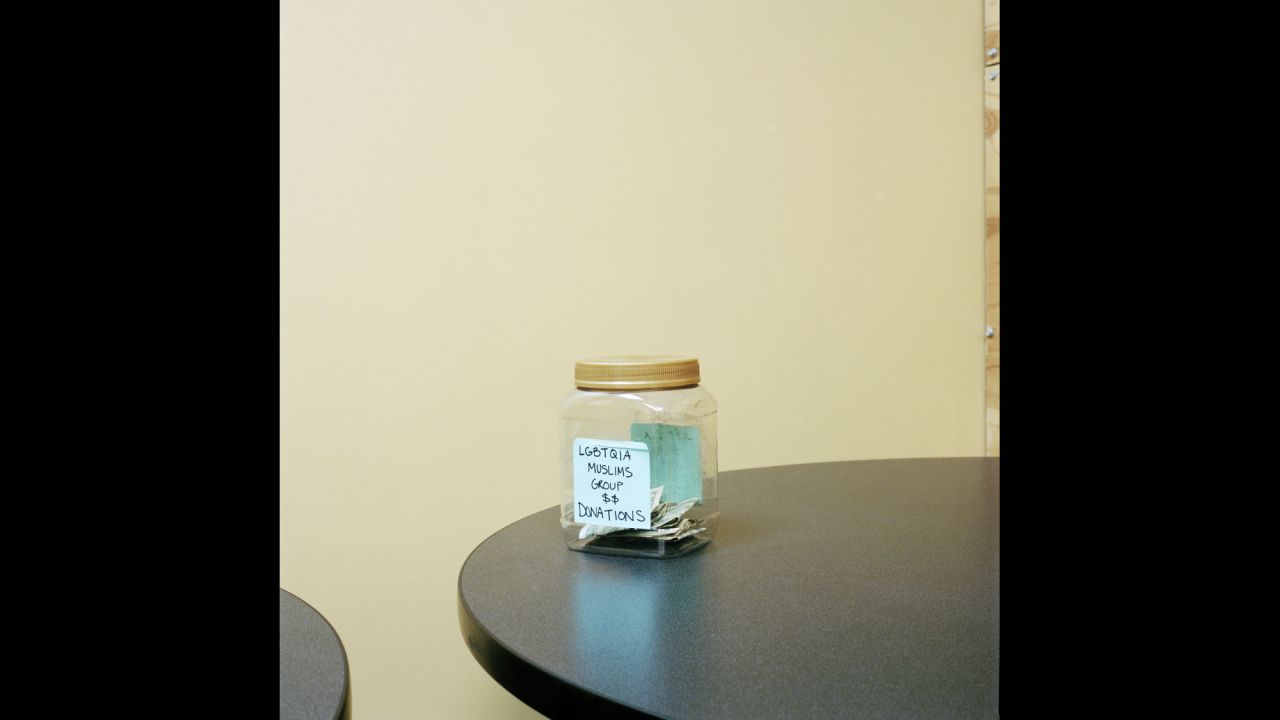 A donation jar holds money for an LGBTQIA Muslim support group in Los Angeles.