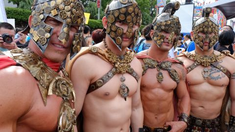Participants dressed as Roman warriors at the annual gay parade in Taipei on October 25, 2014. 
